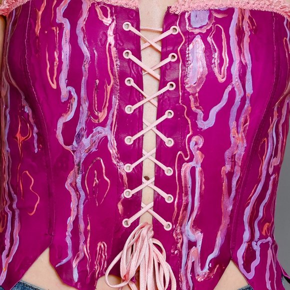 VINTAGE Real Leather Hand Painted Lace-Up Corset Top - Picture 6 of 9